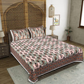 Dusk Rose Indian Cotton Double Bedsheet - Traditional Floral & Geometric Print with Pillow Covers